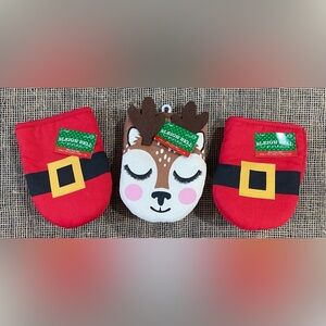 Sleigh Bell Bistro Mini Oven Mitts, 2 Santa & 1 Reindeer, 5.5”X7.5” Set of 3